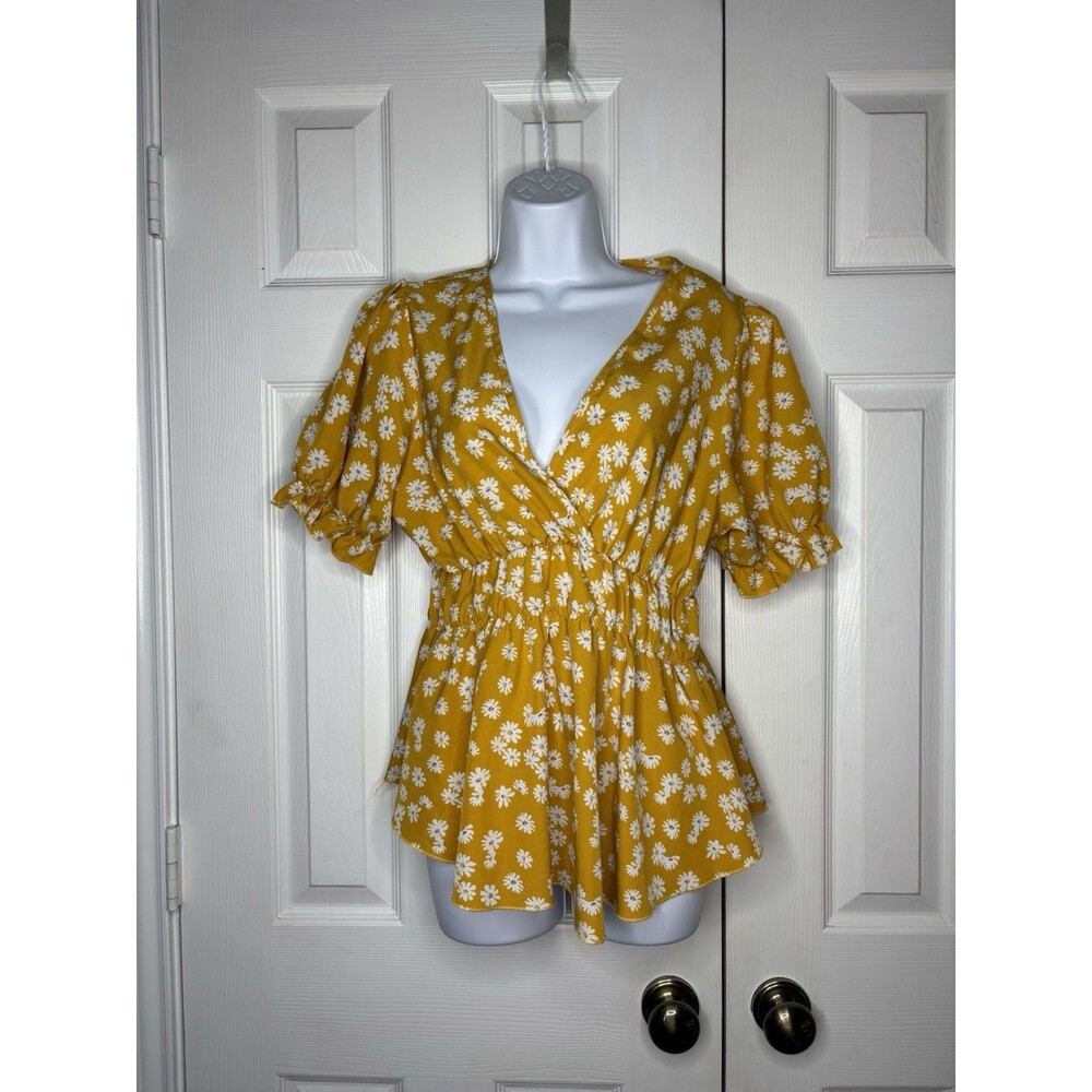 Shein Yellow Daisy Print Babydoll Blouse Puff Sleeve Cottagecore Large